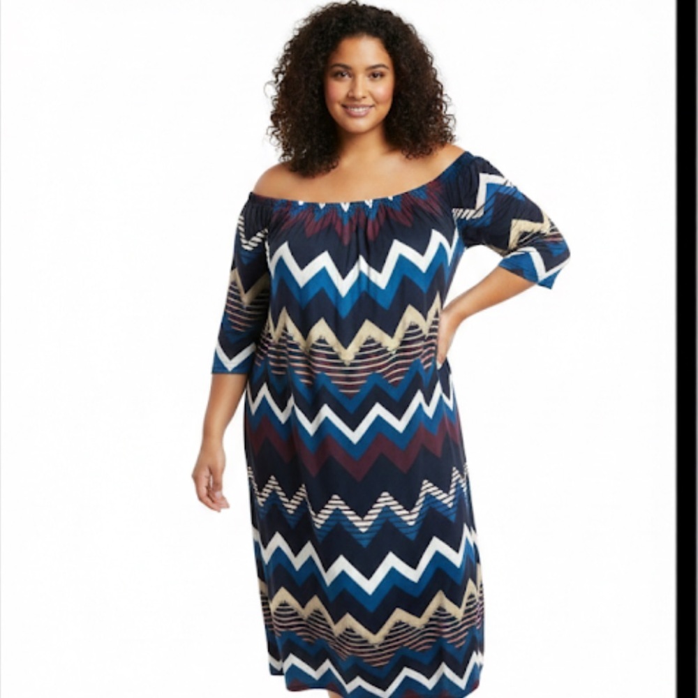 Love Squared Zig Zag Print 3/4 Bell Sleeve Dress Plus Size 2X midi Chevron